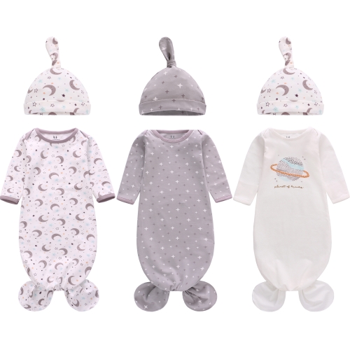 일치하는 모자 세트가있는 신생아 매듭 잠옷 긴 소매 3 팩, 면화 아기 슬리퍼 가운 침낭 아기 을위한 벙어리 장갑 커프스가있는 홈 의상 세트